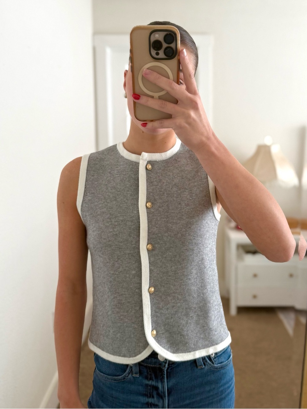 Sincerly Jules Gray Sleeveless Knit Button-Front Top with White Trim